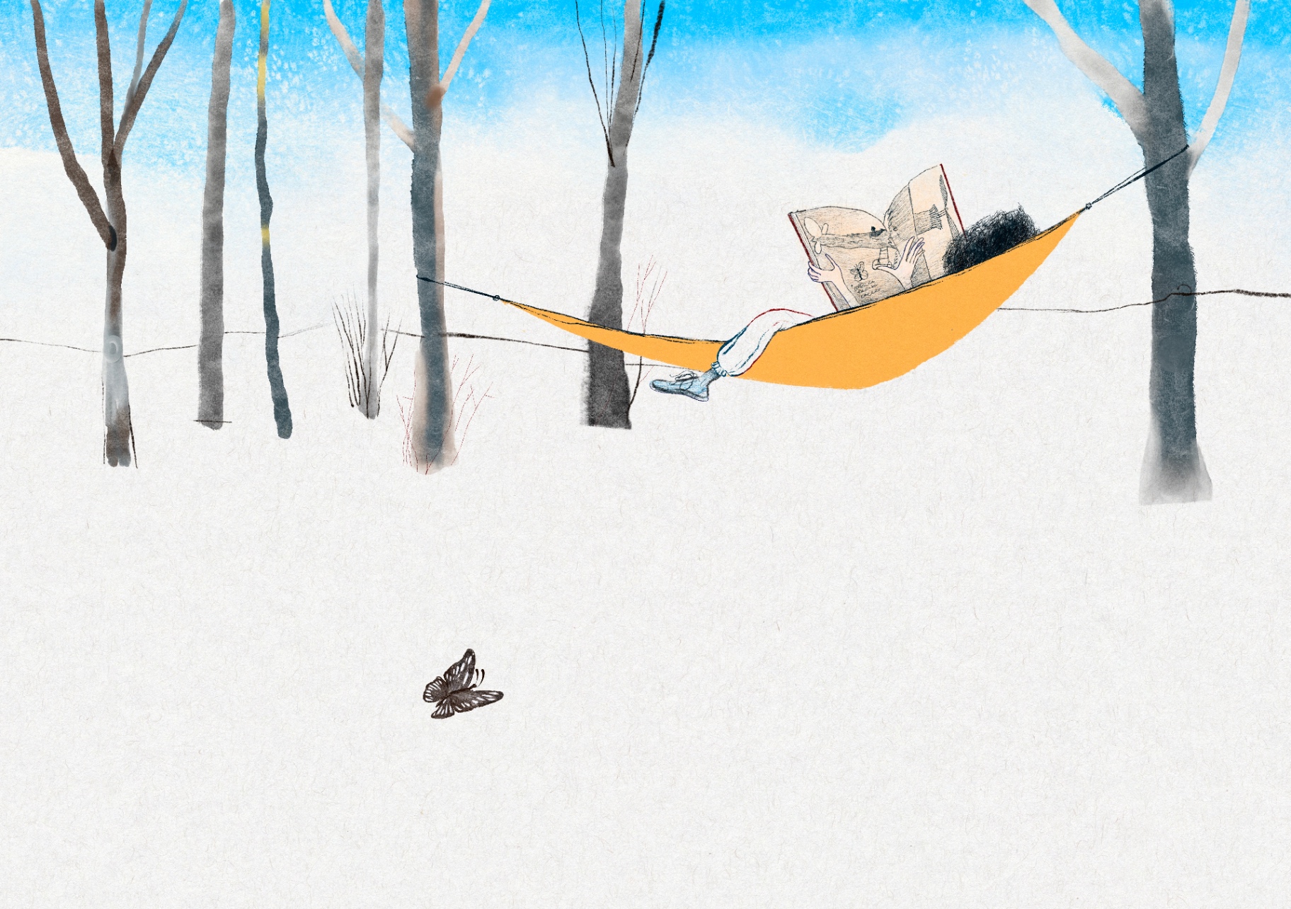 Illustration of a reader resting in an orange hammock in a snowy forest